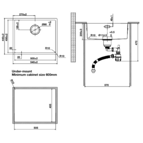 Kích thước chậu rửa bát Hafele R10 HS25-SSN1S-540 567.24.480 Titan