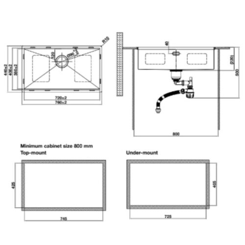 Kích thước chậu rửa bát Hafele WS R10 HS25-SSN1S-7644 567.24.487 Đen