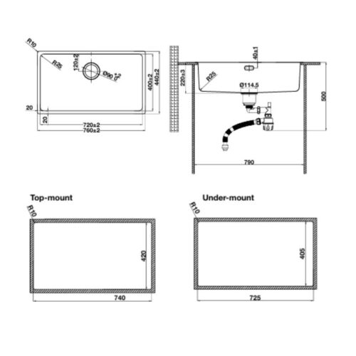 Kích thước chậu rửa bát inox 1 hố Hafele R25 HS25-SSN1S-760 567.24.482 Titan