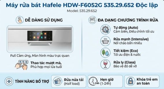 Máy rửa bát Hafele HDW-F6052G 535.29.652 độc lập 14 Đa dạng chương trình rửa - Dễ dàng sử dụng