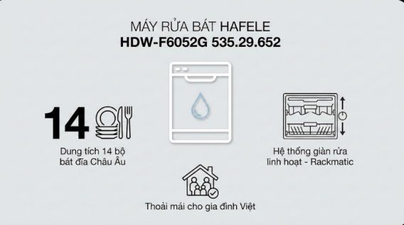 Máy rửa bát Hafele HDW-F6052G 535.29.652 độc lập 12 Dung tích 14 bộ bát đĩa Châu Âu