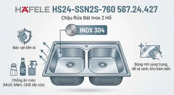 Chậu rửa bát Hafele 567.24.427 inox 2 hố 9 Chất liệu Inox 304