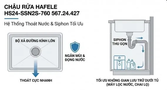 Chậu rửa bát Hafele 567.24.427 inox 2 hố 11 Hệ thống thoát nước và Siphon tối ưu không gian