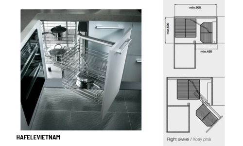 Giá góc liên hoàn Inox 304 mở phải Hafele 548.21.022 8 548.21.022 Thiết kế mở phải phù hợp bố trí tủ bếp phổ biến