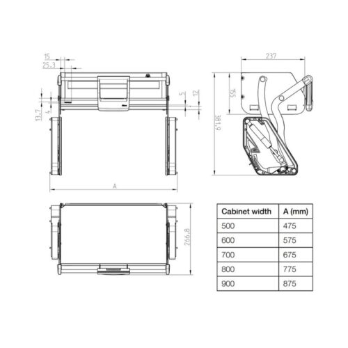 Kệ nâng hạ Hafele 504.68.374 Imove R700mm 5 Kích thước Kệ nâng hạ Hafele 504.68.374 Imove R700mm