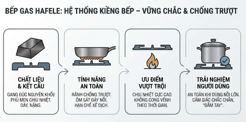 Cấu tạo bếp Gas Hafele 3 Hệ thống kiềng bếp – Vững chắc và chống trượt