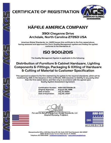 häfele america company tái chứng nhận ISO 9001:2015 giai đoạn 2024–2027