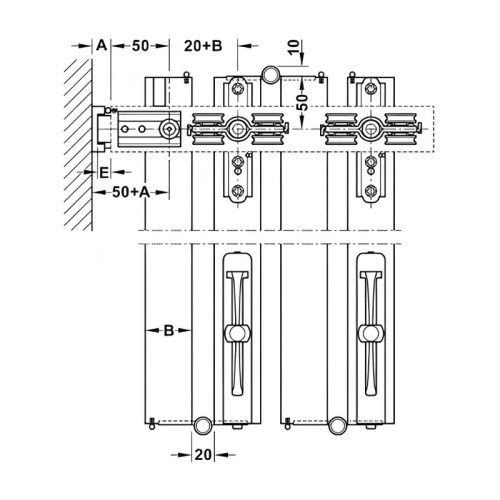 Kích thước 1 bộ phụ kiện bổ sung Slido Hafele 943.55.003 W-Fo32 100-T hệ ray dưới