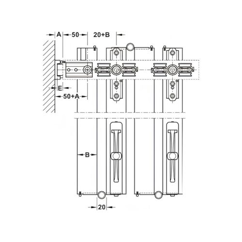 Kích thước 1 bộ phụ kiện Slido Hafele 943.55.000 W-Fo32 100-T hệ ray dưới