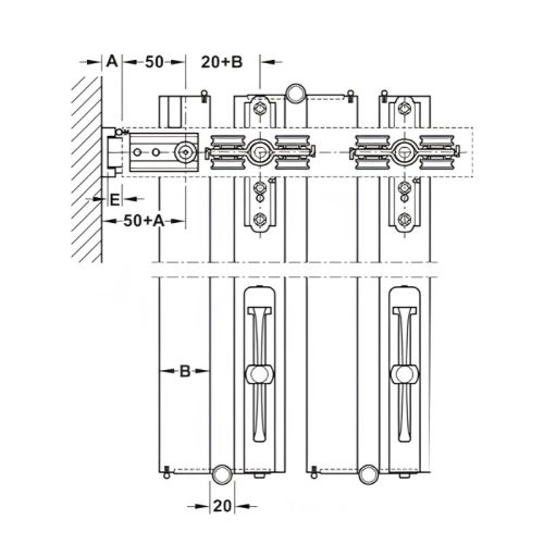 Kích thước 2 bộ phụ kiện Slido Hafele 943.55.001 W-Fo32 100-T không ray dưới