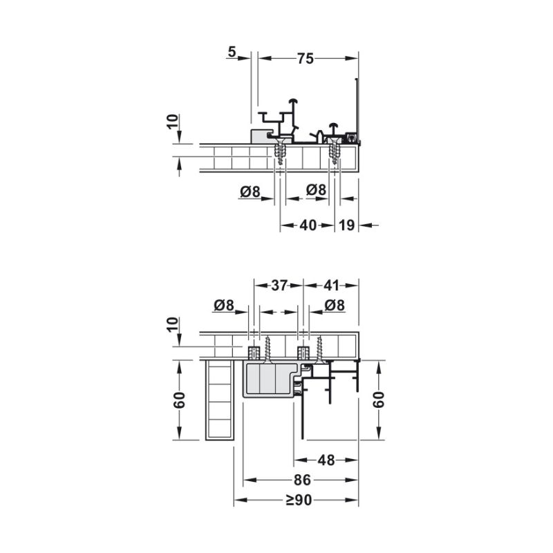 Chi tiết bộ F-line44 80A 2 cánh giảm chấn 23-25 Hafele 407.41.016 Chi tiết bộ F-line44 80A 2 cánh giảm chấn 23-25 Hafele 407.41.016