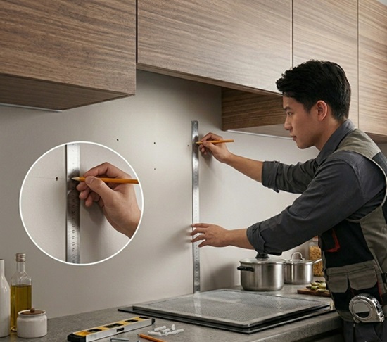Hướng dẫn lắp đặt máy hút mùi Hafele chuẩn kỹ thuật 4 đo và đánh dấu vị trí treo máy hút mùi Hafele