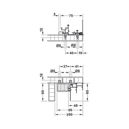 Kích thước bộ F-Line44 80A 2 cánh giảm chấn Hafele 407.41.014