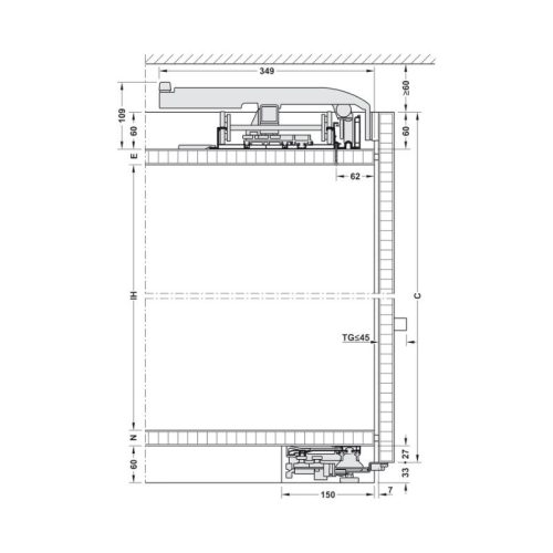Kích thước bộ phụ kiện cửa trượt bằng mặt L 70F FB Hafele 406.11.122