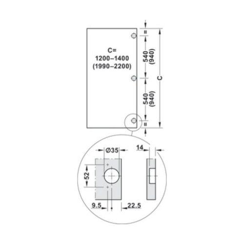 Kích thước bộ phụ kiện cửa trượt Hafele 408.45.025
