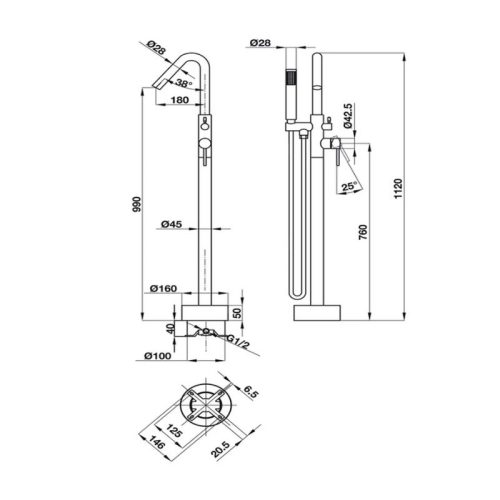 Bộ trộn tắm đặt sàn Roots Hafele 495.61.177 4 Bộ trộn tắm đặt sàn Roots Hafele 495.61.177