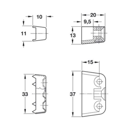 Kích thước liên kết RTA nâu 37x20x13mm Hafele 262.61.100