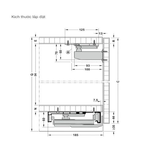 Kích thước phụ kiện cửa trượt bằng mặt S/US 20FB Hafele 406.11.207