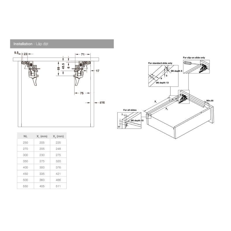 Lắp đặt ray âm nhấn mở Hafele 433.32.170 Lắp đặt ray âm nhấn mở Hafele 433.32.170