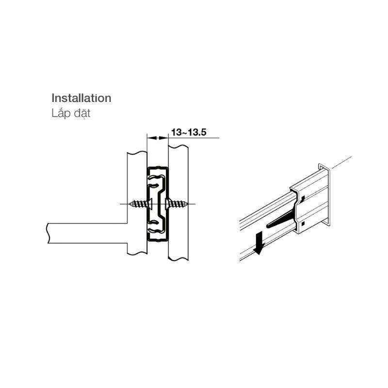 Lắp đặt ray bi không giảm chấn 400mm Hafele 494.02.463 Lắp đặt ray bi không giảm chấn 400mm Hafele 494.02.463