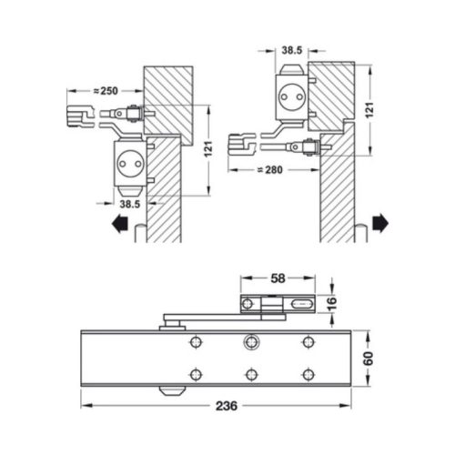 Thông số cơ cấu đóng cửa tự động DCL51 HO đen Hafele 931.84.663