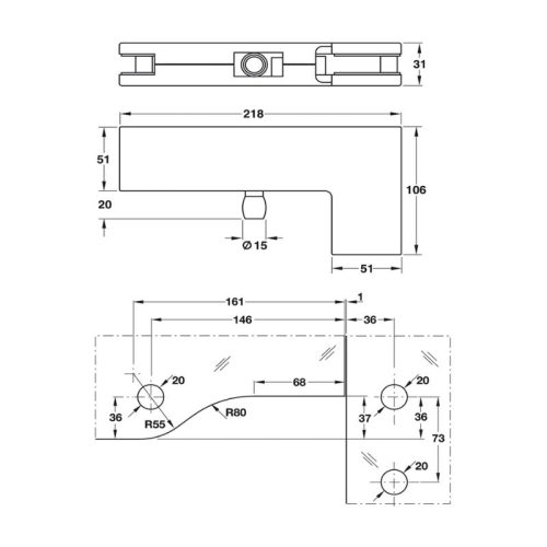 Thông số kẹp kính chữ L inox bóng Hafele 981.00.031