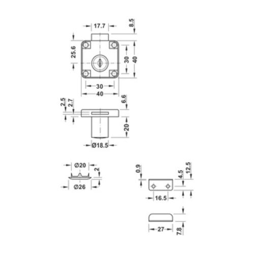 Thông số khóa vuông 19x22mm Hafele 232.38.937