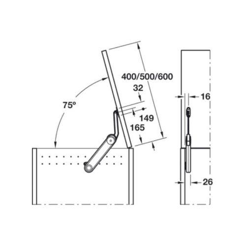 Tay nâng rương Maxi Up 3675H Hafele 373.85.702 4 Thông số mở tay nâng rương Maxi Up 3675H Hafele 373.85.702