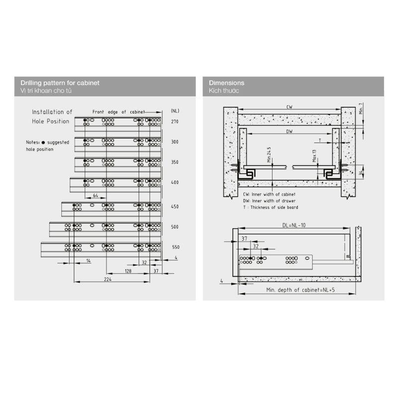 Thông số ray âm EPC EVO Hafele 433.32.500 Thông số ray âm EPC EVO Hafele 433.32.500
