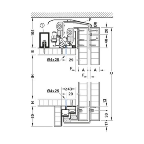 Thông số ray đôi cho cửa trượt Slido F-Line44 80A Hafele 406.78.707