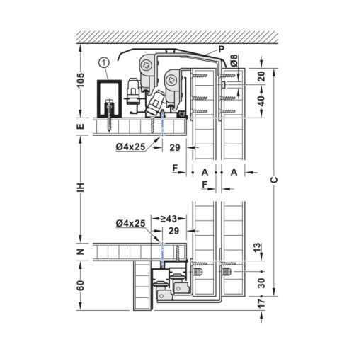 Thông số ray trượt cho bộ F-Li44 80A Hafele 406.78.706