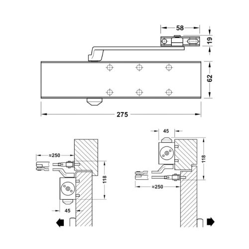Thông số tay đẩy hơi cùi chỏ 150Kg DCL55 Hafele 931.84.568