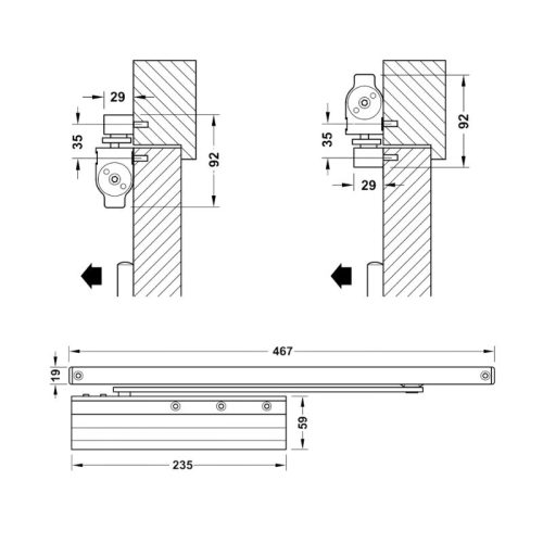 Thông số thiết bị đóng cửa tự động DCL83 Hafele 931.84.289