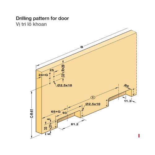 Vị trí phụ kiện cửa trượt bằng mặt S/US 20FB Hafele 406.11.202
