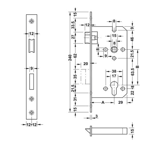 Thân khóa lưỡi gà chốt chết C/C 85mm Hafele 911.02.165 4 911 02 165 2